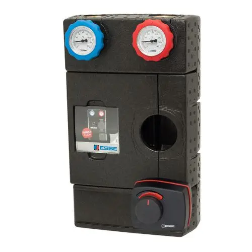 Schwarze Pumpengruppe mit zwei Manometern (blau und rot) und einem Regler, ausgestattet mit einer Informationsanzeige.
